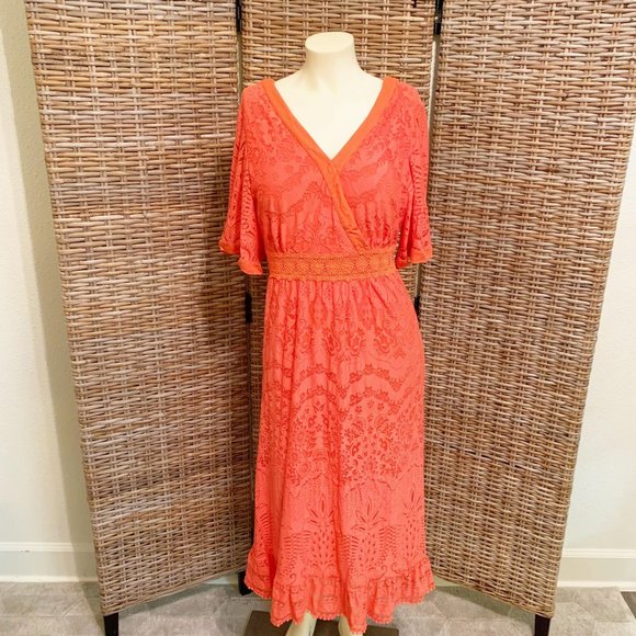 Anthropologie Farm Rio Devore Lace Pink and Orange Maxi Dress V-Neck Small - Picture 9 of 10